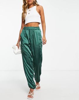YAS Y.A.S satin piping detail pants in dark green-Blue