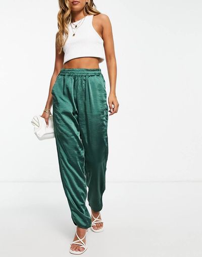 YAS Y.A.S satin piping detail pants in dark green-Blue