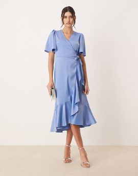 YAS YAS satin wrap midi dress in blue