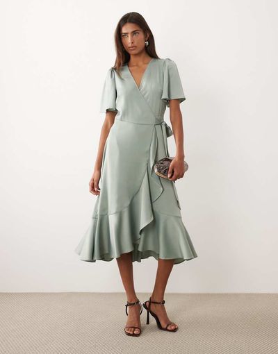 YAS YAS satin wrap midi dress in sage green