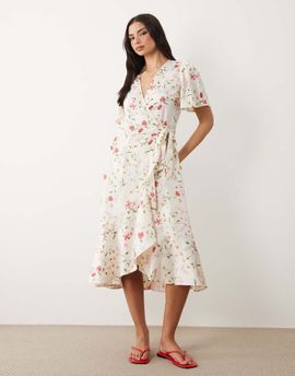 YAS YAS satin wrap midi dress in white garden floral print