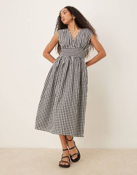 YAS YAS shirred waist midi dress in black and white checkerboard-Multi