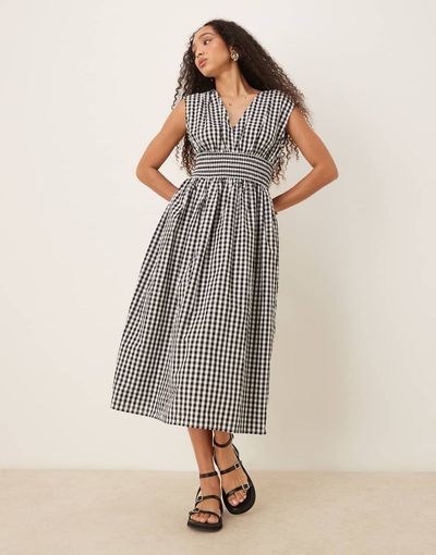 YAS YAS shirred waist midi dress in black and white checkerboard-Multi