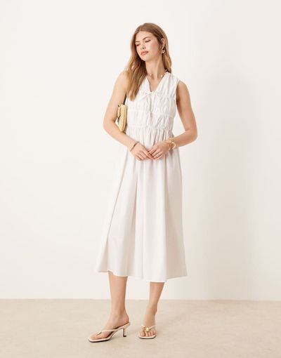 YAS YAS sleeveless plunge poplin maxi dress in white