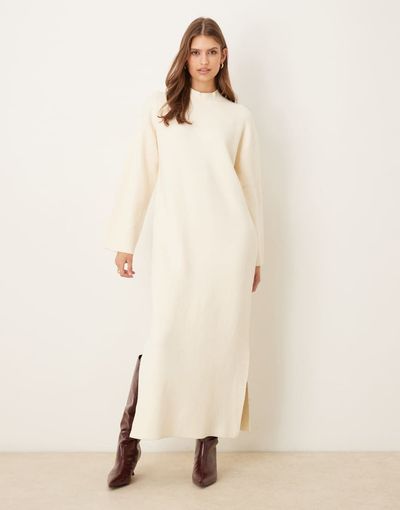 YAS YAS stand neck knit maxi dress in cream-White