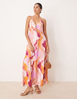 YAS YAS strap detail maxi dress in pink blur print