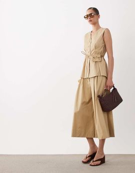 YAS YAS super wide leg pleated tailored pants in camel - part of a set-Neutral