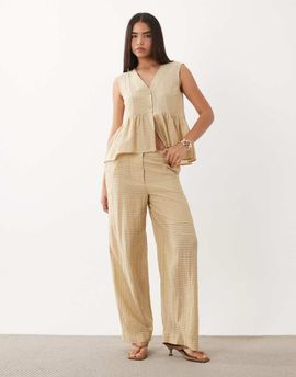 YAS YAS textured plaid wide leg pants in beige - part of a set-Neutral