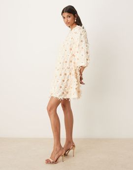 YAS YAS textured smock mini dress with sequin embellishment in cream-White