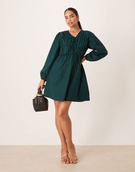 YAS YAS tie front long sleeve mini dress in deep jewel green