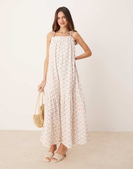 YAS YAS tie shoulder boho smock maxi dress in ditsy pink floral print-White