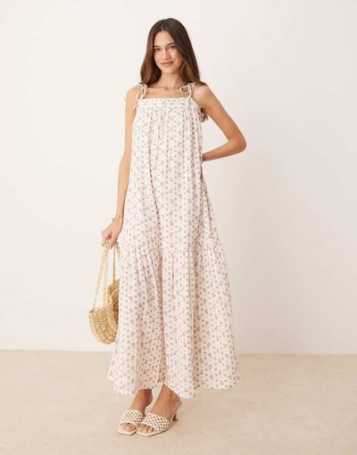 YAS YAS tie shoulder boho smock maxi dress in ditsy pink floral print-White