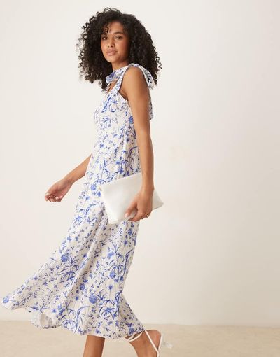 YAS YAS tie shoulder floral midi dress in blue and white
