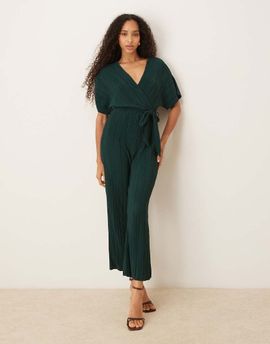 YAS YAS tie waist plisse jumpsuit in deep jewel green