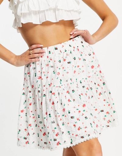 YAS Y.A.S tiered mini skirt in white print - part of a set-Multi