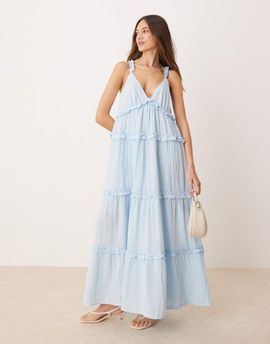 YAS YAS tiered ruffle detail cami maxi dress in soft blue