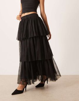 YAS YAS tiered tulle midi skirt in black