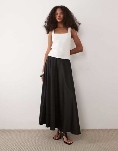 YAS YAS volume satin circle midi skirt in black