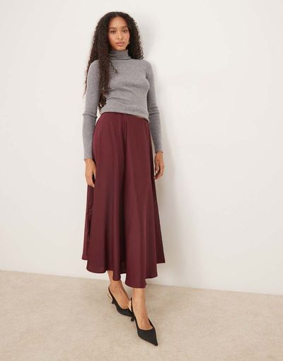 YAS YAS volume satin circle midi skirt in burgundy-Red