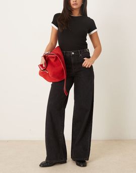 YAS YAS wide leg jeans with buckle waist adjusters in dark gray wash
