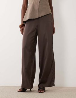 YAS YAS wide leg satin pants in chocolate brown