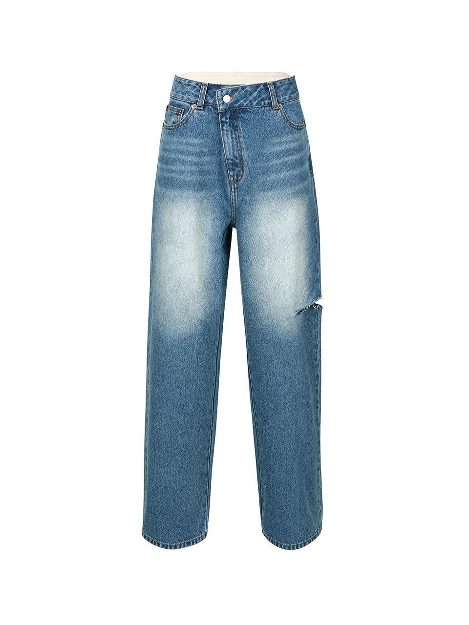 YCH LOGO WAISTBAND CUTOUT JEANS (BLUE)