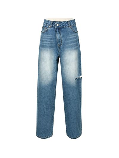 YCH LOGO WAISTBAND CUTOUT JEANS (BLUE)
