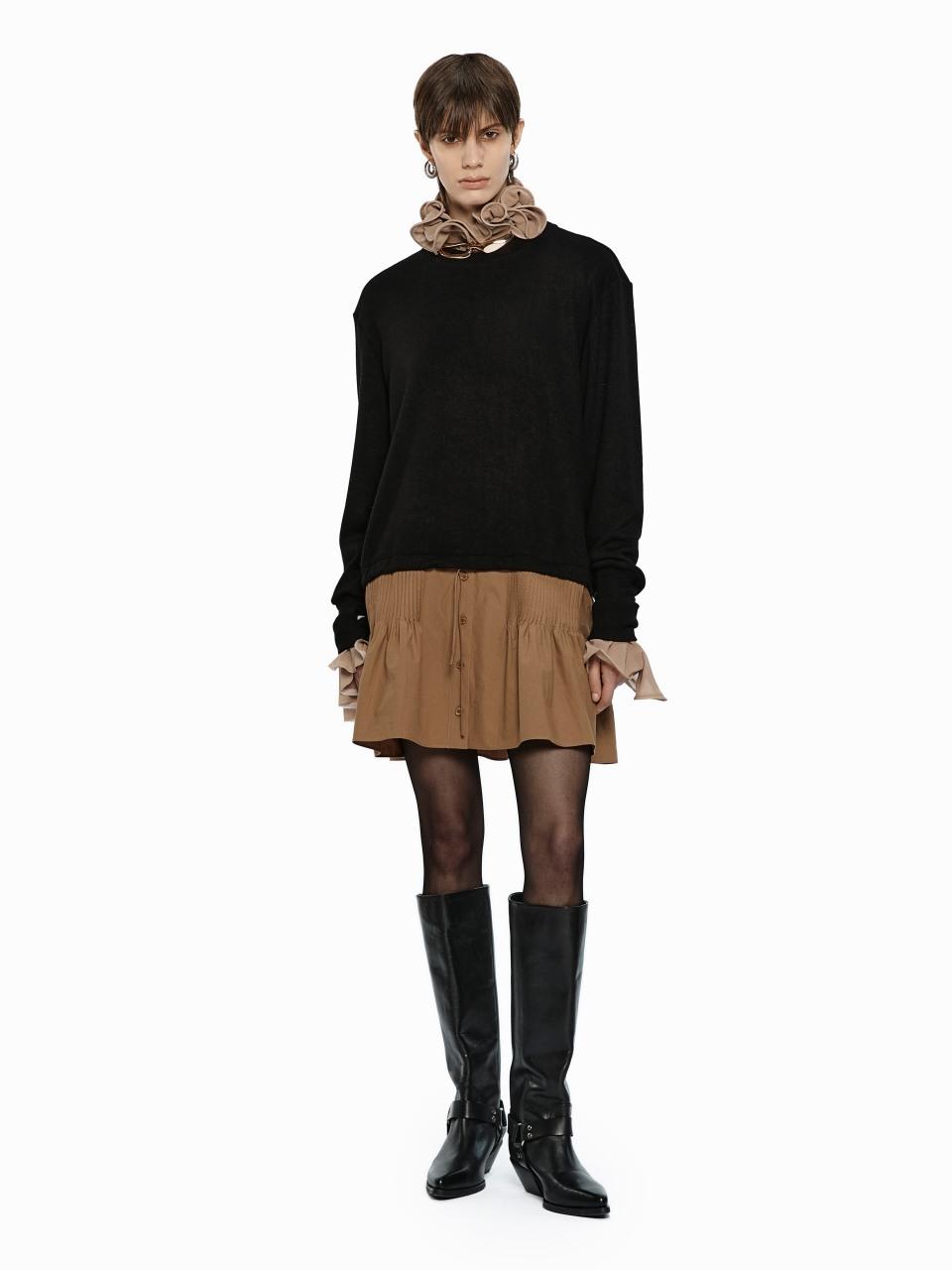 YCH SHIRRING SKIRT LAYERED TOP BLACK (W24TO10011BK)