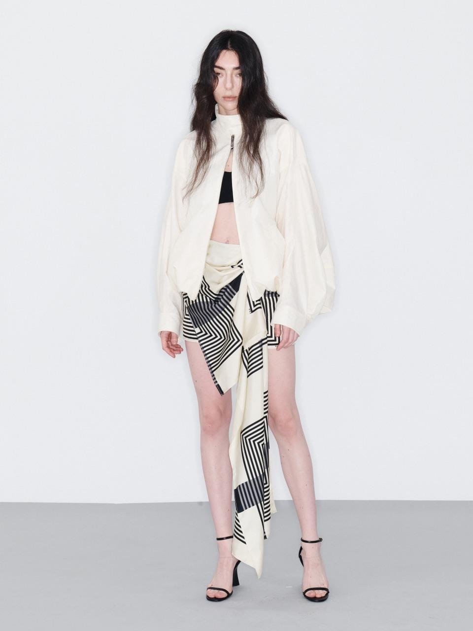 YCH STRIPED SILK MINI SKIRT (BEIGE)