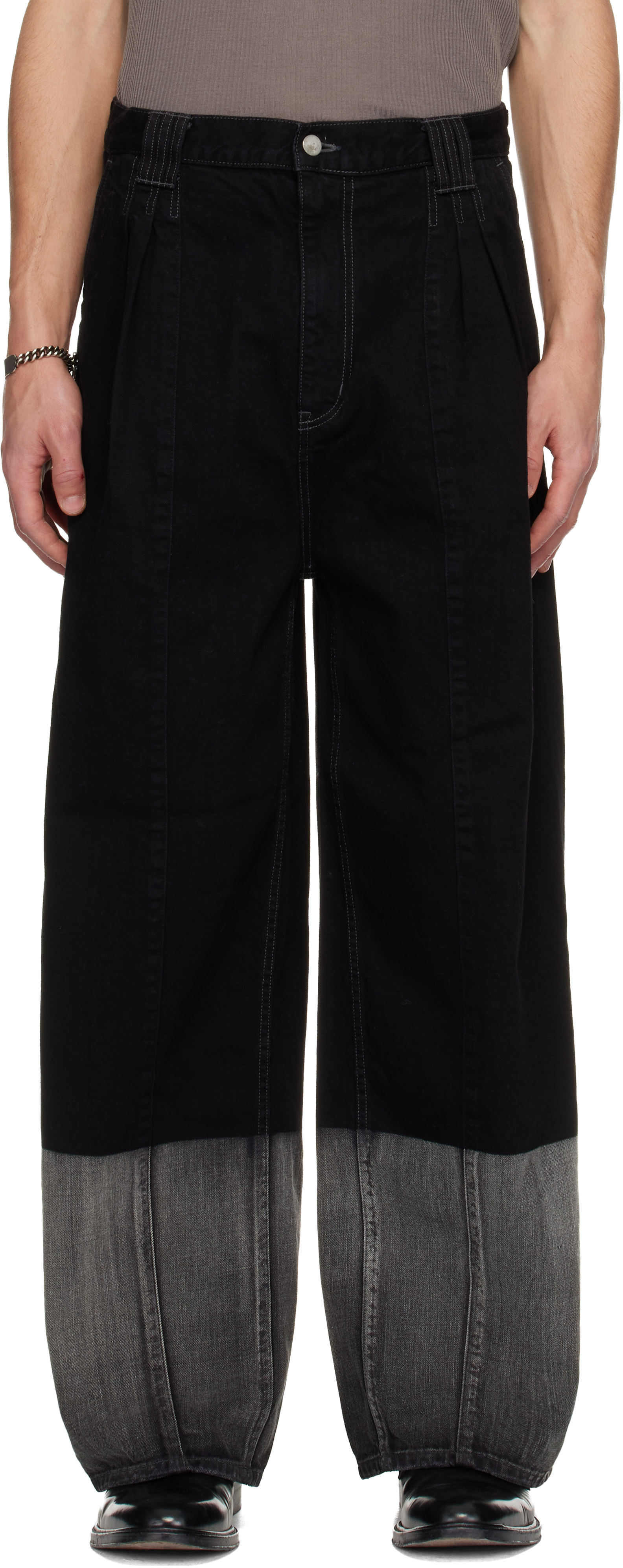 YOKE - Black Laser Processed Wide-Leg Buggy Jeans