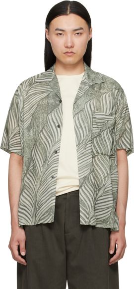 YOKE YOKE Green Leaf Pattern Printed Rayon Open Collar Shirt