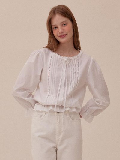 Your name Here New Lace Pin Tuck Ribbon Blouse (2COL) Y4T009
