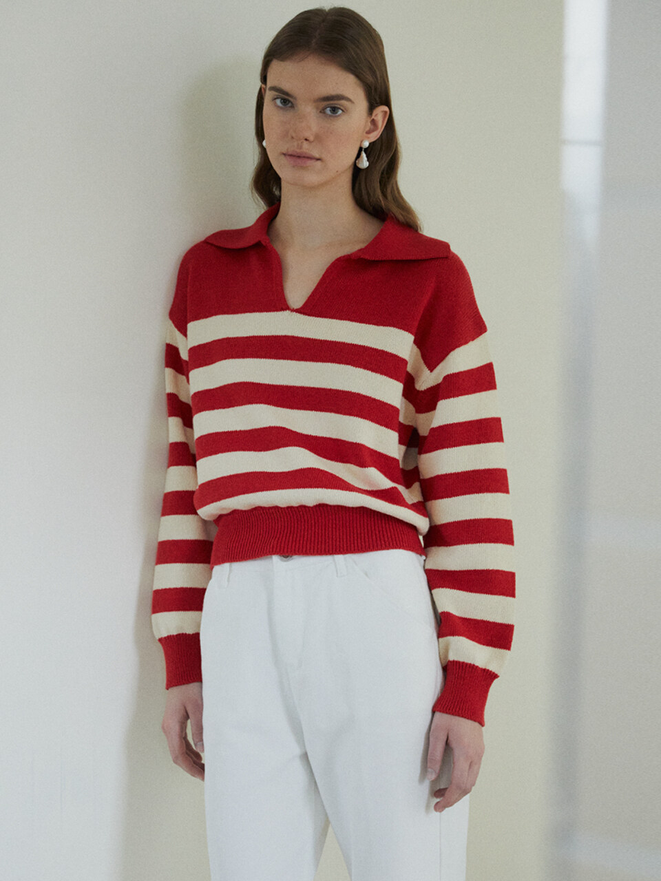 Your name Here Stripe Open Collar Knit Top _3 Colors