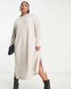 Yours Yours ribbed long sleeve knitted dress in stone-Neutral - 1