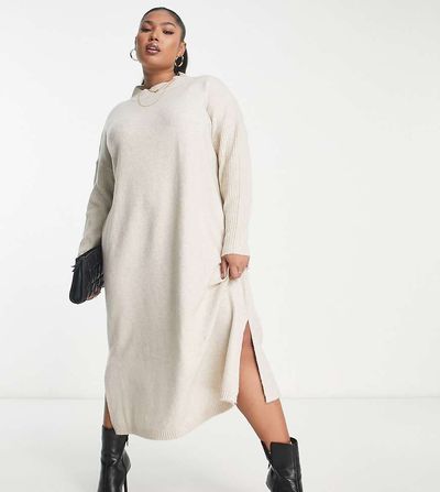 Yours Yours ribbed long sleeve knitted dress in stone-Neutral