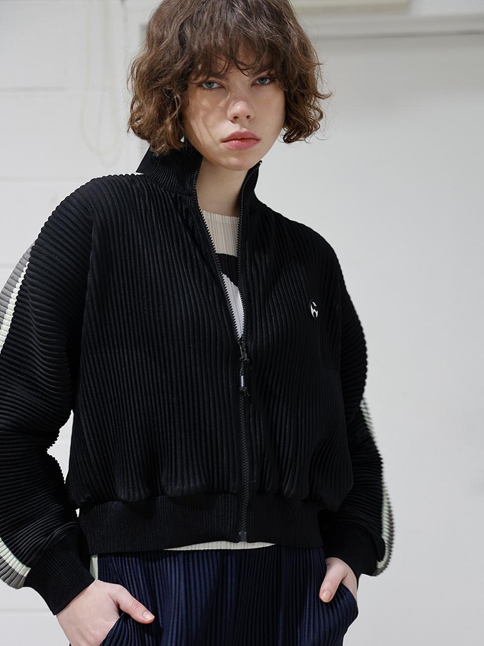 yoyoyoy Pleated Contrast Track Zip-up Jacket [Black]