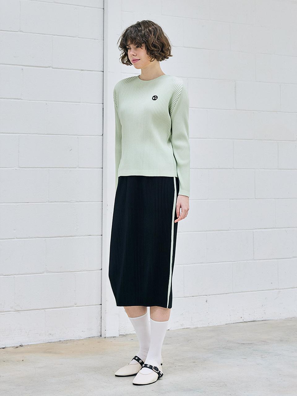 yoyoyoy Side Contrast Pleated Lightweight Skirt [Black]