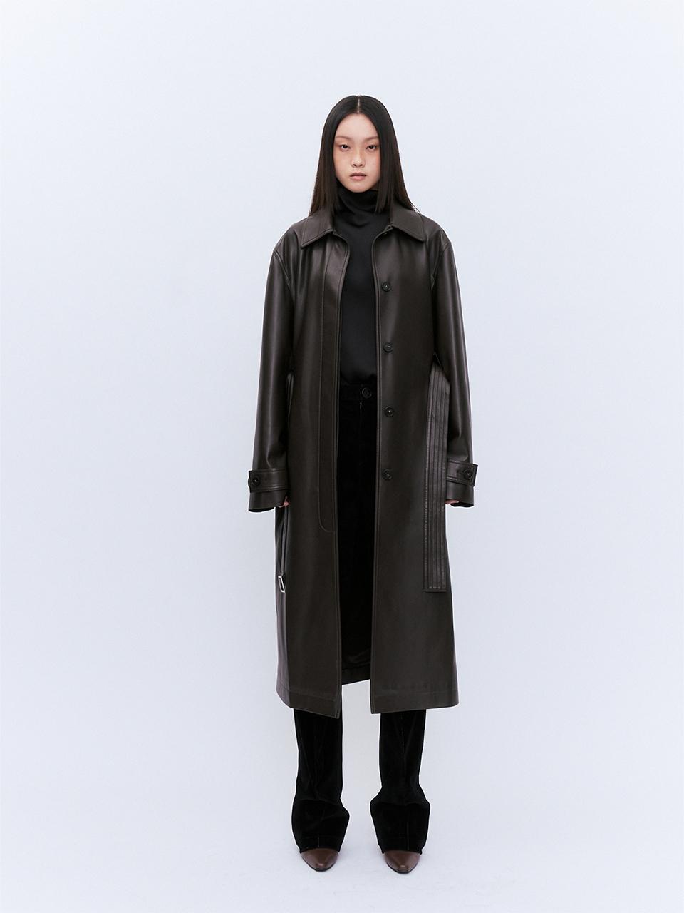 YUJI LEATHER LONG COAT BROWN