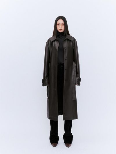 YUJI LEATHER LONG COAT BROWN