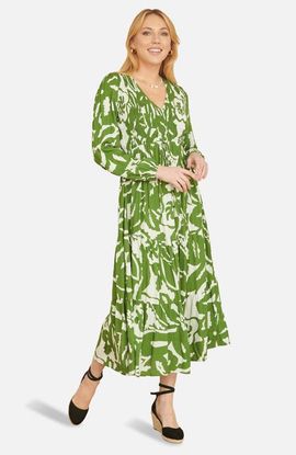 Yumi Yumi Abstract Print Ruched V-Neck Midi Dress