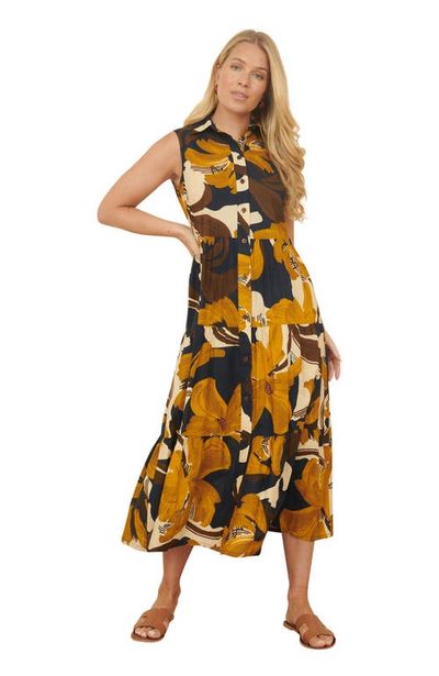 Yumi Yumi Cotton Leaf Midi Sleeveless Shirt Dress