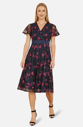 Yumi Yumi Floral Mesh Wrap Midi Skater Dress
