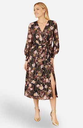 Yumi Yumi Foiled Floral Print Wrap Midi Dress