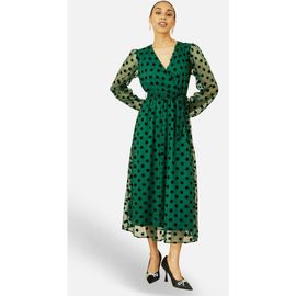 Yumi Yumi Spot Mesh Wrap Midi Skater Dress