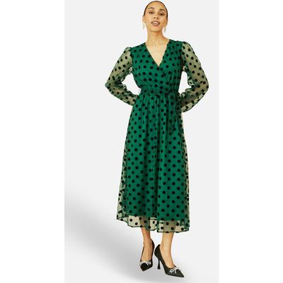 Yumi Yumi Spot Mesh Wrap Midi Skater Dress