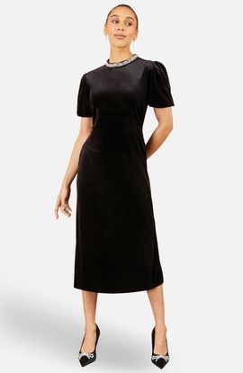 Yumi Yumi Velvet Embellised Neckline Midi Dress