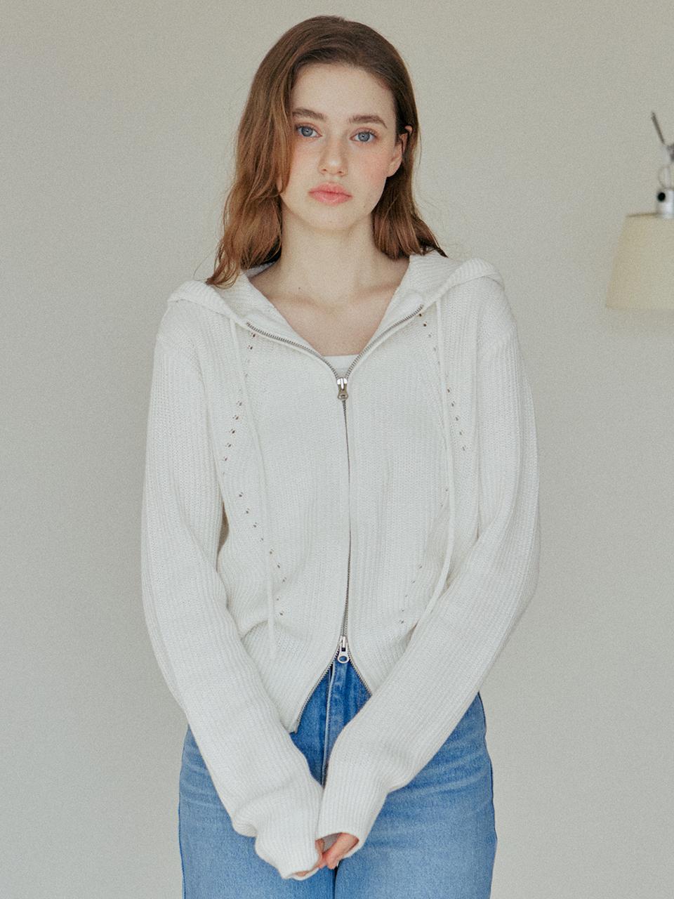 YUPPE Hood Diagonal Stripe Knit Zip Up [Beige]