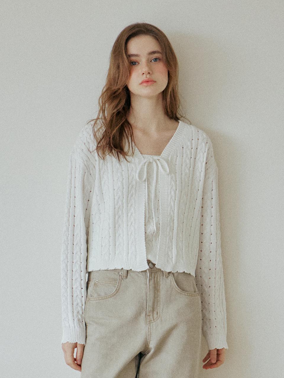 YUPPE Lace Ribbon Cable Knit Cardigan [Beige]