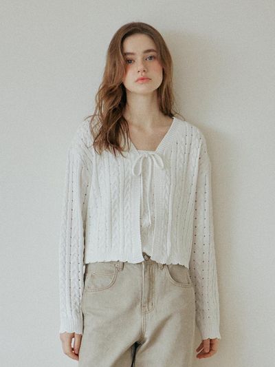 YUPPE Lace Ribbon Cable Knit Cardigan [Beige]