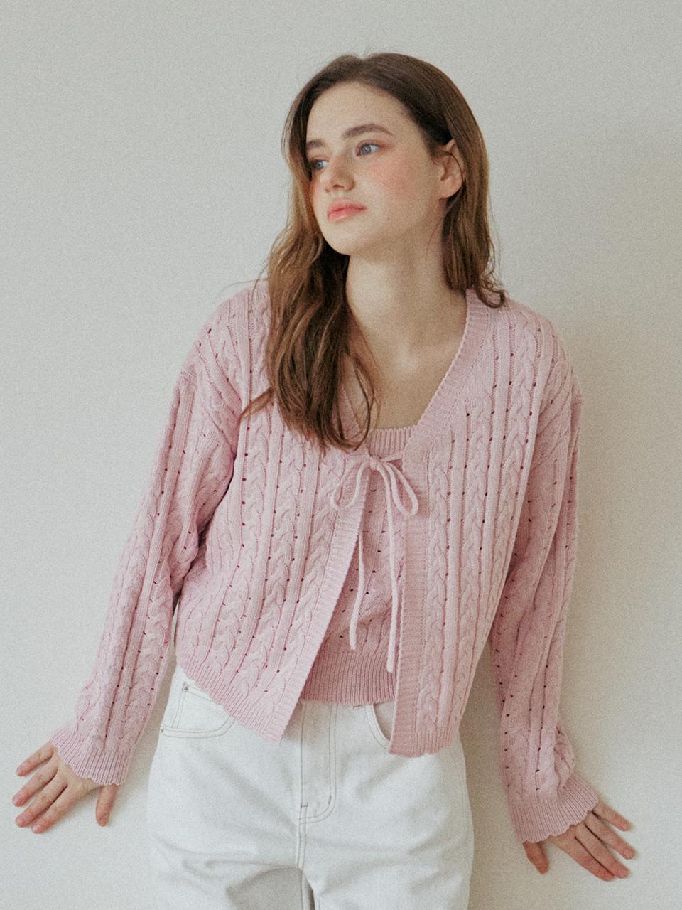 YUPPE Lace Ribbon Cable Knit Cardigan [Pink]